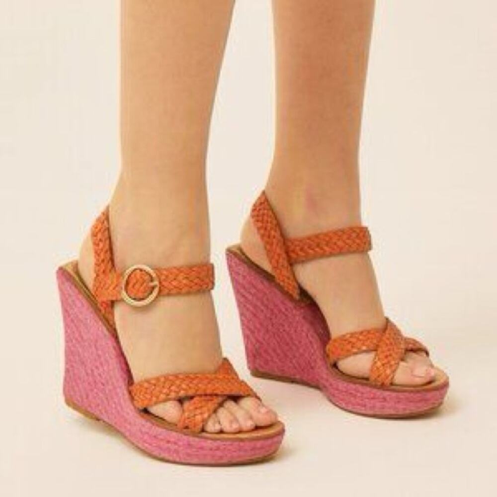 Diane Von Furstenberg DVF Braided Wedge Heel Sandals Pink Orange Size 7.5